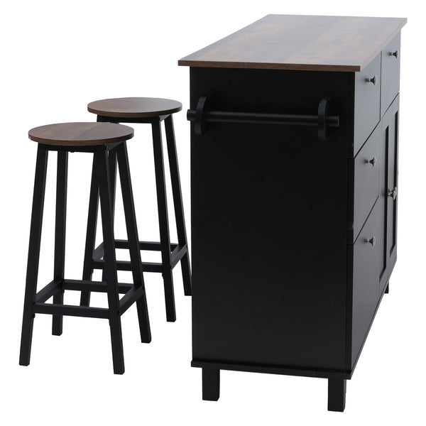 Kücheninsel mit 2 Sitzhockern Schublade Staufächer 90x131x47cm schwarz dunkles Holz