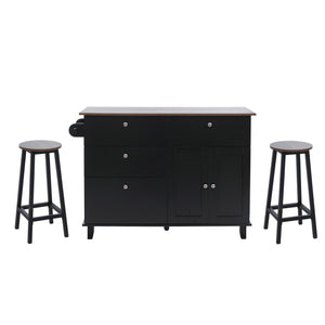 Kücheninsel mit 2 Sitzhockern Schublade Staufächer 90x131x47cm schwarz dunkles Holz
