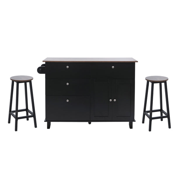 Kücheninsel mit 2 Sitzhockern Schublade Staufächer 90x131x47cm schwarz dunkles Holz