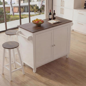 Kücheninsel mit 2 Sitzhockern Schublade Staufächer 90x120x45cm weiss dunkles Holz