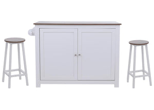 Kücheninsel mit 2 Sitzhockern Schublade Staufächer 90x120x45cm weiss dunkles Holz