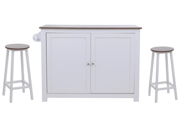 Kücheninsel mit 2 Sitzhockern Schublade Staufächer 90x120x45cm weiss dunkles Holz