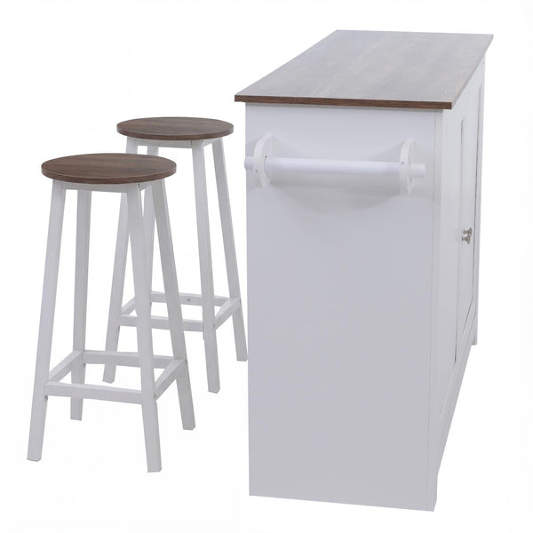 Kücheninsel mit 2 Sitzhockern Schublade Staufächer 90x120x45cm weiss dunkles Holz