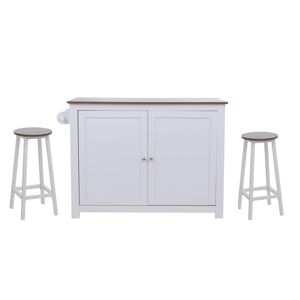 Kücheninsel mit 2 Sitzhockern Schublade Staufächer 90x120x45cm weiss dunkles Holz