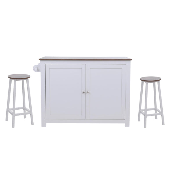 Kücheninsel mit 2 Sitzhockern Schublade Staufächer 90x120x45cm weiss dunkles Holz