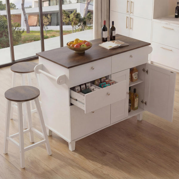 Kücheninsel mit 2 Sitzhockern Schublade Staufächer 90x131x47cm weiss dunkles Holz