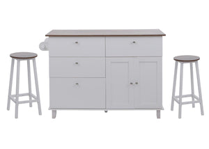 Kücheninsel mit 2 Sitzhockern Schublade Staufächer 90x131x47cm weiss dunkles Holz