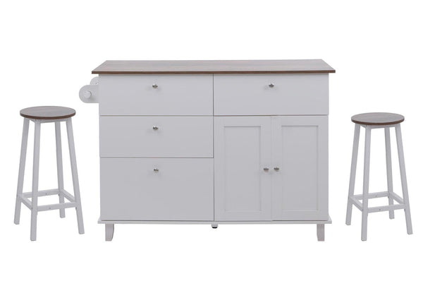 Kücheninsel mit 2 Sitzhockern Schublade Staufächer 90x131x47cm weiss dunkles Holz