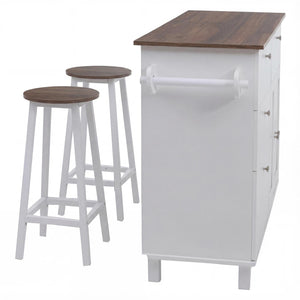 Kücheninsel mit 2 Sitzhockern Schublade Staufächer 90x131x47cm weiss dunkles Holz