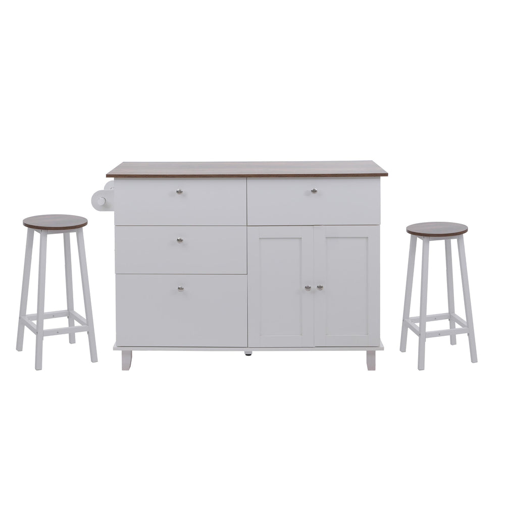 Kücheninsel mit 2 Sitzhockern Schublade Staufächer 90x131x47cm weiss dunkles Holz