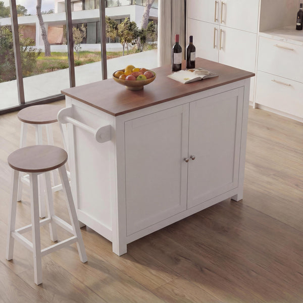 Kücheninsel mit 2 Sitzhockern Schublade Staufächer 90x120x45cm weiss helles Holz
