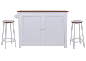 Kücheninsel mit 2 Sitzhockern Schublade Staufächer 90x120x45cm weiss helles Holz