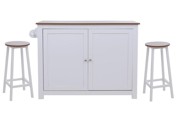 Kücheninsel mit 2 Sitzhockern Schublade Staufächer 90x120x45cm weiss helles Holz