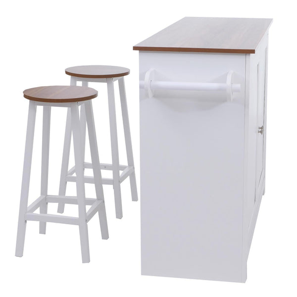 Kücheninsel mit 2 Sitzhockern Schublade Staufächer 90x120x45cm weiss helles Holz