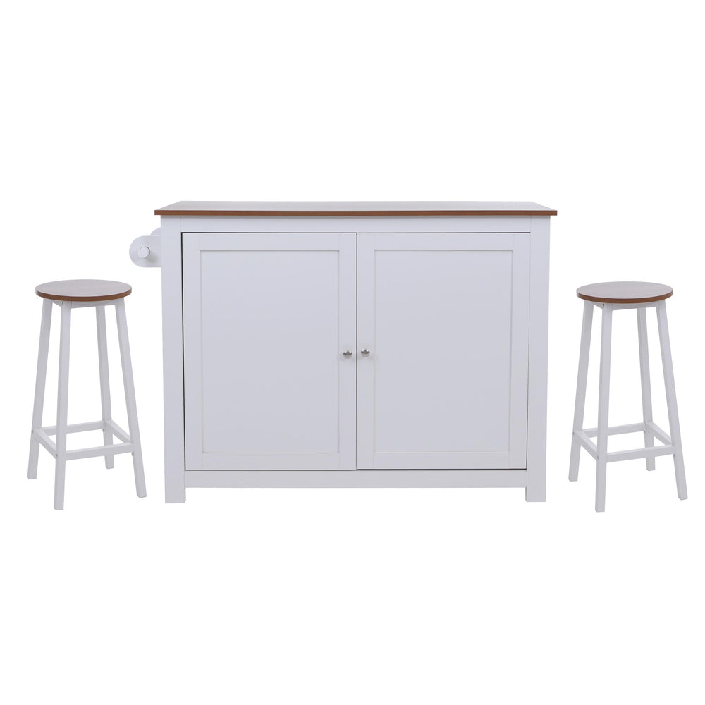 Kücheninsel mit 2 Sitzhockern Schublade Staufächer 90x120x45cm weiss helles Holz