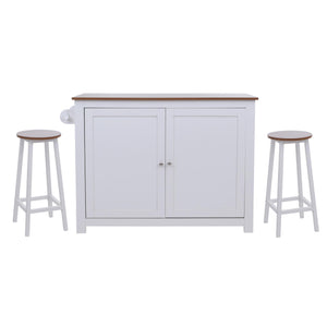 Kücheninsel mit 2 Sitzhockern Schublade Staufächer 90x120x45cm weiss helles Holz