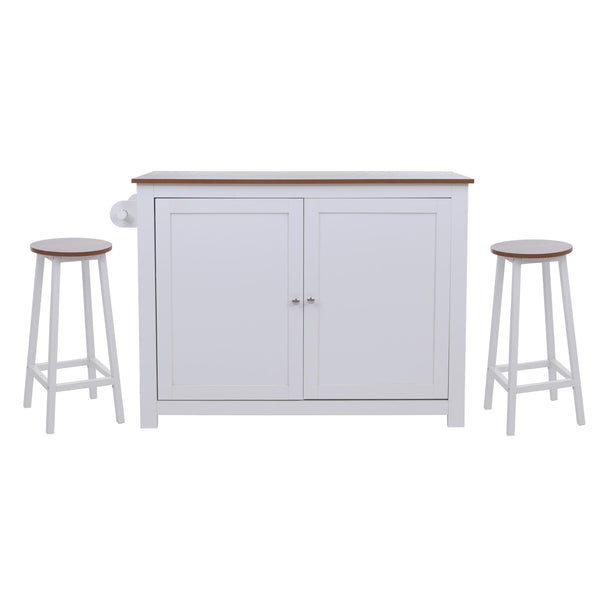 Kücheninsel mit 2 Sitzhockern Schublade Staufächer 90x120x45cm weiss helles Holz