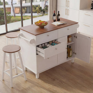 Kücheninsel mit 2 Sitzhockern Schublade Staufächer 90x131x47cm weiss helles Holz