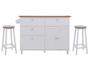 Kücheninsel mit 2 Sitzhockern Schublade Staufächer 90x131x47cm weiss helles Holz