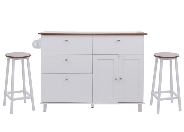 Kücheninsel mit 2 Sitzhockern Schublade Staufächer 90x131x47cm weiss helles Holz