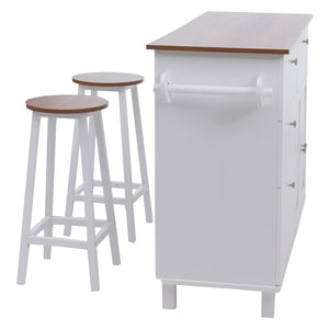 Kücheninsel mit 2 Sitzhockern Schublade Staufächer 90x131x47cm weiss helles Holz