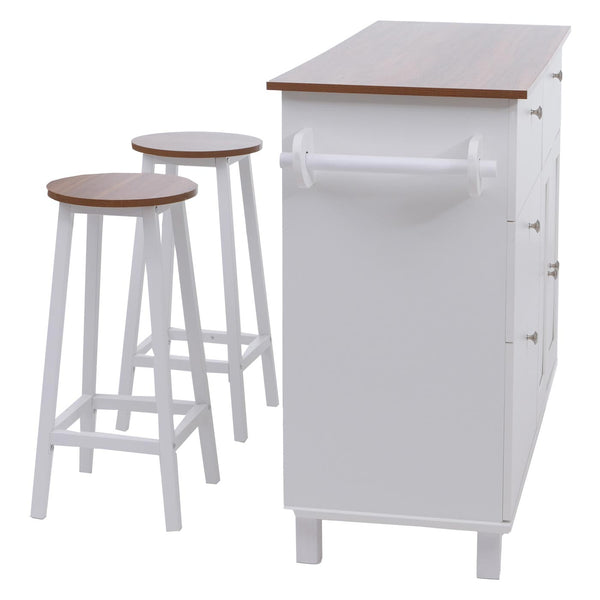 Kücheninsel mit 2 Sitzhockern Schublade Staufächer 90x131x47cm weiss helles Holz