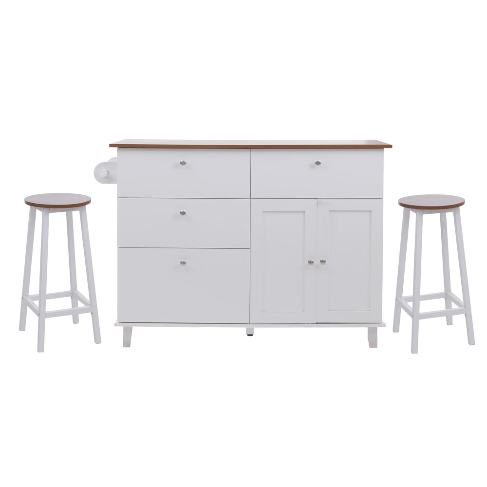 Kücheninsel mit 2 Sitzhockern Schublade Staufächer 90x131x47cm weiss helles Holz