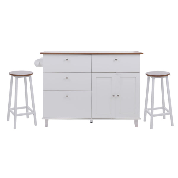 Kücheninsel mit 2 Sitzhockern Schublade Staufächer 90x131x47cm weiss helles Holz