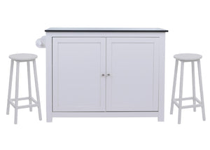 Kücheninsel mit 2 Sitzhockern Schublade Staufächer 90x120x45cm weiss Marmor-Optik