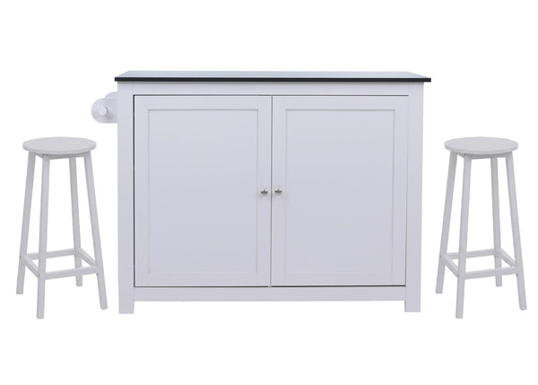 Kücheninsel mit 2 Sitzhockern Schublade Staufächer 90x120x45cm weiss Marmor-Optik