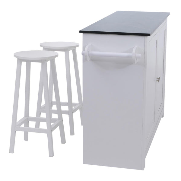 Kücheninsel mit 2 Sitzhockern Schublade Staufächer 90x120x45cm weiss Marmor-Optik