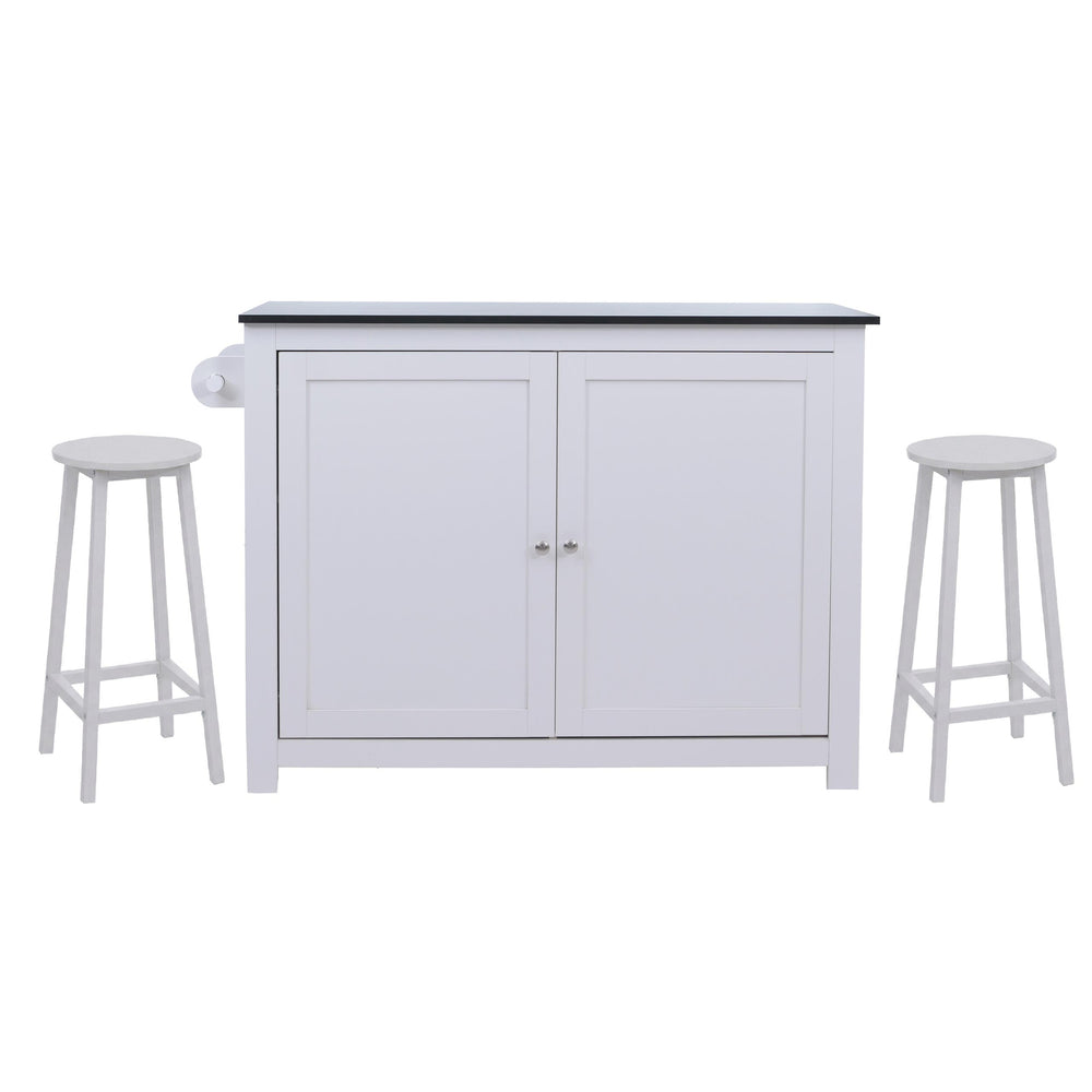 Kücheninsel mit 2 Sitzhockern Schublade Staufächer 90x120x45cm weiss Marmor-Optik