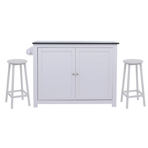 Kücheninsel mit 2 Sitzhockern Schublade Staufächer 90x120x45cm weiss Marmor-Optik
