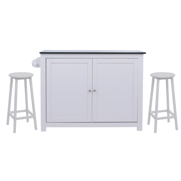 Kücheninsel mit 2 Sitzhockern Schublade Staufächer 90x120x45cm weiss Marmor-Optik