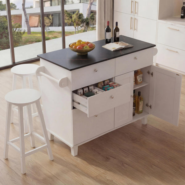Kücheninsel mit 2 Sitzhockern Schublade Staufächer 90x131x47cm weiss Marmor-Optik