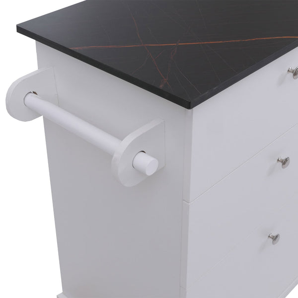 Kücheninsel mit 2 Sitzhockern Schublade Staufächer 90x131x47cm weiss Marmor-Optik