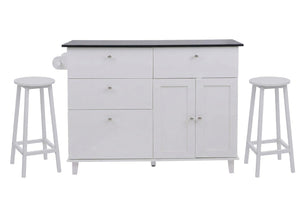 Kücheninsel mit 2 Sitzhockern Schublade Staufächer 90x131x47cm weiss Marmor-Optik