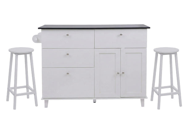 Kücheninsel mit 2 Sitzhockern Schublade Staufächer 90x131x47cm weiss Marmor-Optik