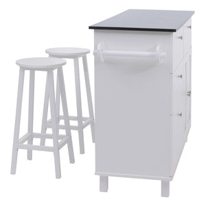 Kücheninsel mit 2 Sitzhockern Schublade Staufächer 90x131x47cm weiss Marmor-Optik