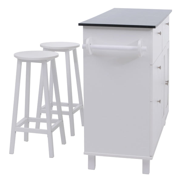 Kücheninsel mit 2 Sitzhockern Schublade Staufächer 90x131x47cm weiss Marmor-Optik