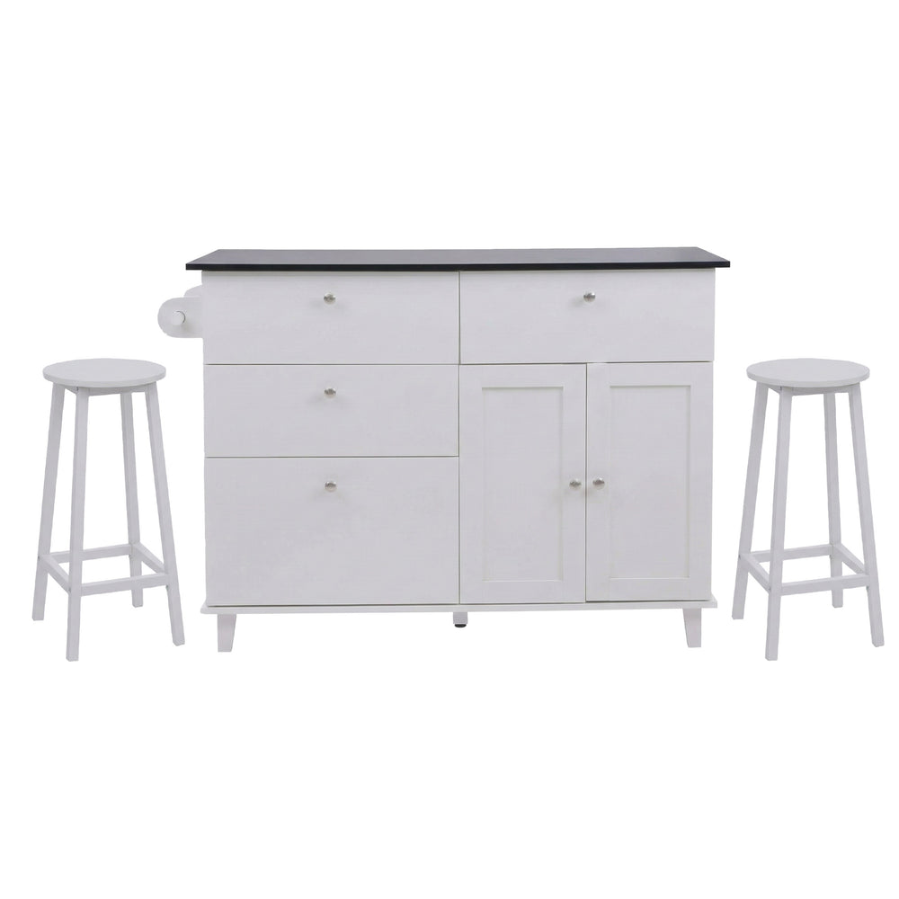 Kücheninsel mit 2 Sitzhockern Schublade Staufächer 90x131x47cm weiss Marmor-Optik
