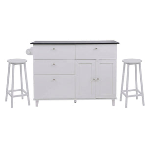 Kücheninsel mit 2 Sitzhockern Schublade Staufächer 90x131x47cm weiss Marmor-Optik