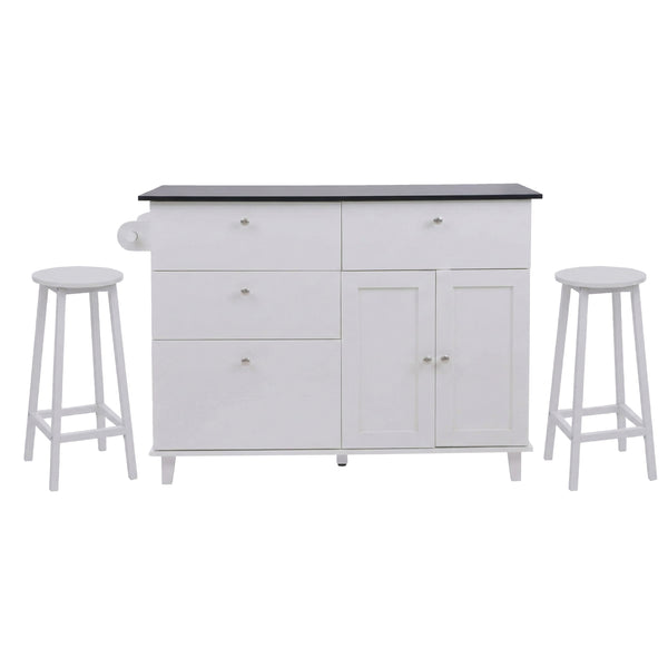 Kücheninsel mit 2 Sitzhockern Schublade Staufächer 90x131x47cm weiss Marmor-Optik