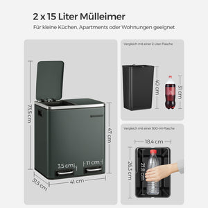 Küchenmülleimer Abfalleimer 2x15 Liter Grau