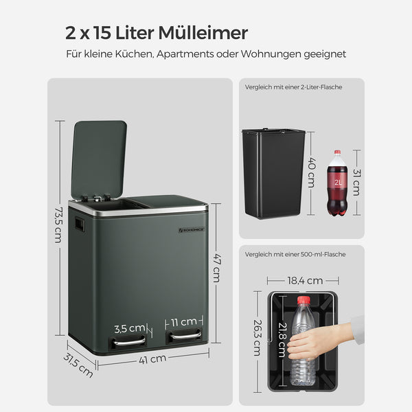 Küchenmülleimer Abfalleimer 2x15 Liter Grau