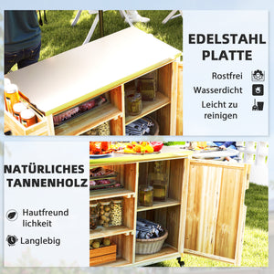 Küchenwagen Outdoor mit Schrank und Rollen aus Holz Edelstahl