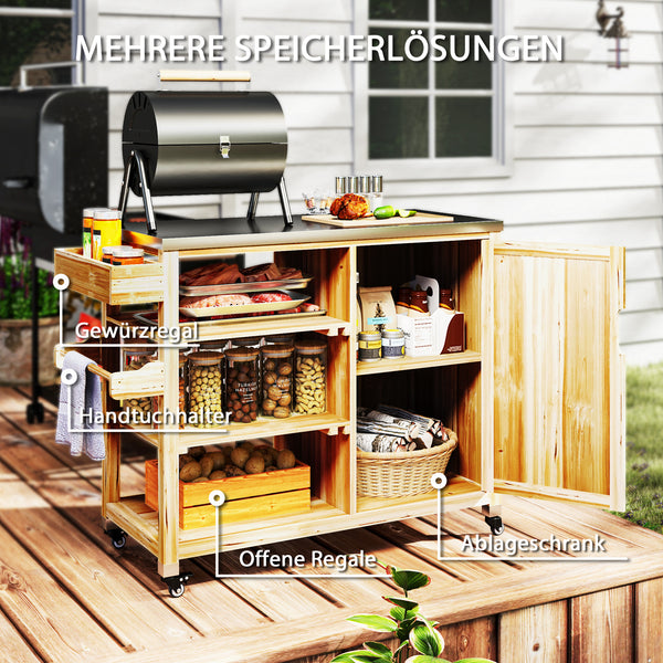 Küchenwagen Outdoor mit Schrank und Rollen aus Holz Edelstahl