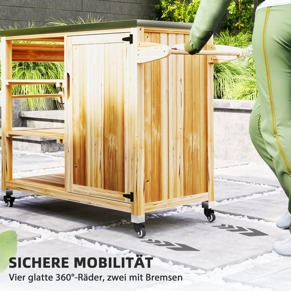 Küchenwagen Outdoor mit Schrank und Rollen aus Holz Edelstahl