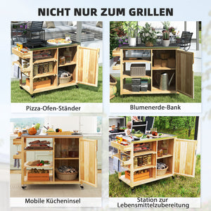 Küchenwagen Outdoor mit Schrank und Rollen aus Holz Edelstahl