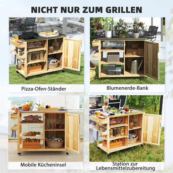 Küchenwagen Outdoor mit Schrank und Rollen aus Holz Edelstahl